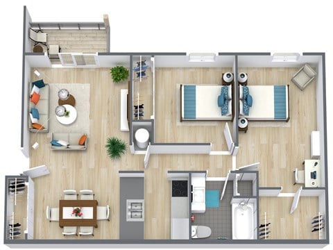 Floor plan for 2 beds, 1 bath, 960 sqft